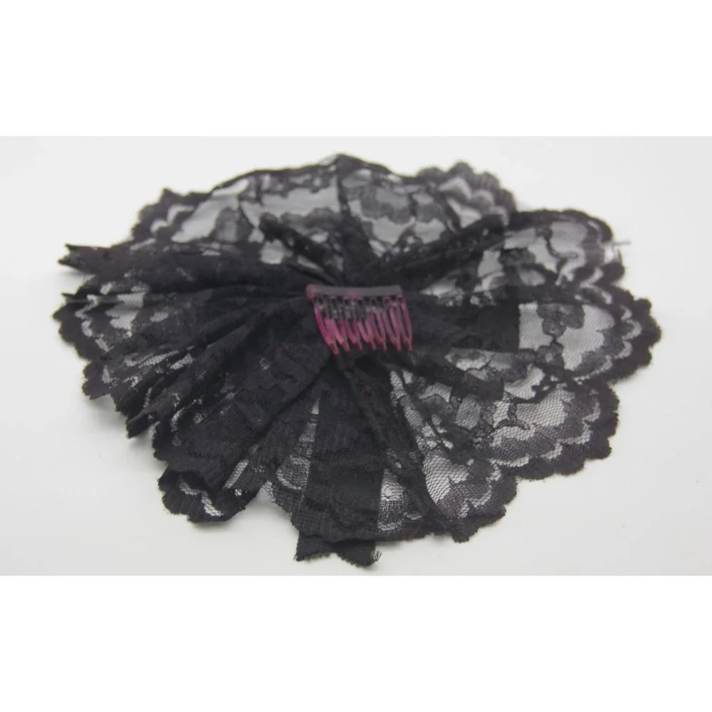 VTG BLACK ROUND LACE RIBBON BOW HAIR COMB FASCINATOR GOTH WHIMSY LOLITA COQUETTE